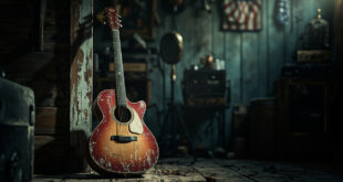 Worn acoustic guitar leaning against weathered wood in dim studio light with vintage American flag fabric