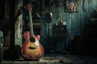 Worn acoustic guitar leaning against weathered wood in dim studio light with vintage American flag fabric