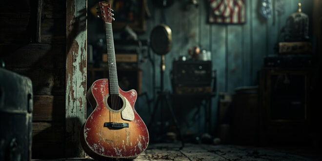 Worn acoustic guitar leaning against weathered wood in dim studio light with vintage American flag fabric