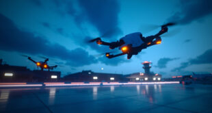 Large drone hovering above airport runway with control tower and parked aircraft visible in background