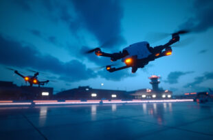 Large drone hovering above airport runway with control tower and parked aircraft visible in background