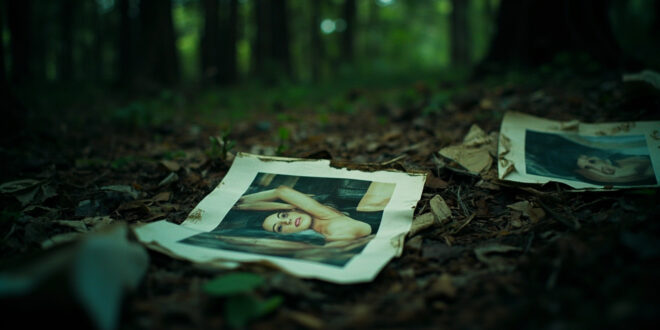 Scattered modeling photographs and papers abandoned in dark forest debris near highway
