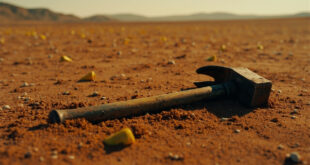 Sledgehammer tool partially buried in desert sand with investigation markers nearby