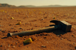 Sledgehammer tool partially buried in desert sand with investigation markers nearby