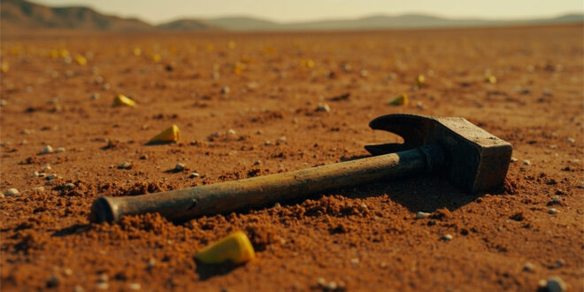 Sledgehammer tool partially buried in desert sand with investigation markers nearby