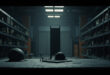 Empty factory workstation with helmet and clipboard on industrial metal shelves in stark lighting