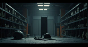 Empty factory workstation with helmet and clipboard on industrial metal shelves in stark lighting