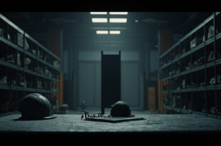 Empty factory workstation with helmet and clipboard on industrial metal shelves in stark lighting