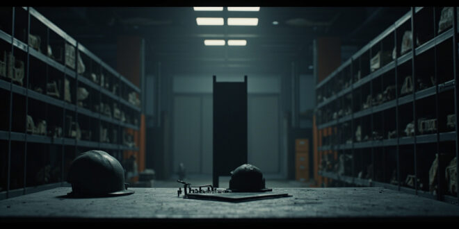 Empty factory workstation with helmet and clipboard on industrial metal shelves in stark lighting