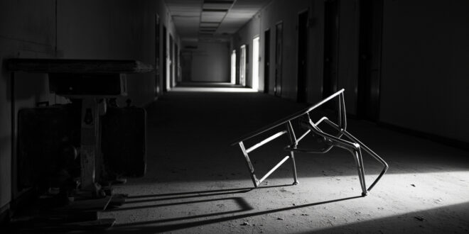Overturned metal chair in empty school hallway with fluorescent lights and closed doors