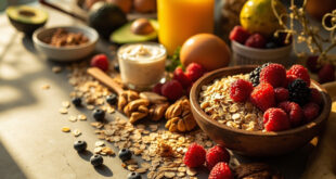 Bowl of oats with fresh berries, nuts, and honey on wooden kitchen counter in morning sunlight