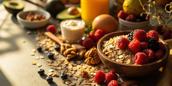 Bowl of oats with fresh berries, nuts, and honey on wooden kitchen counter in morning sunlight