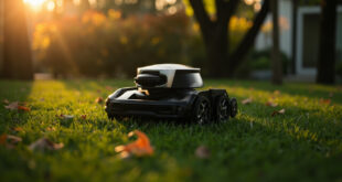 Black robotic lawn mower sits idle on green grass surrounded by autumn leaves in residential garden setting