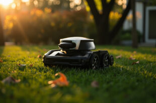 Black robotic lawn mower sits idle on green grass surrounded by autumn leaves in residential garden setting