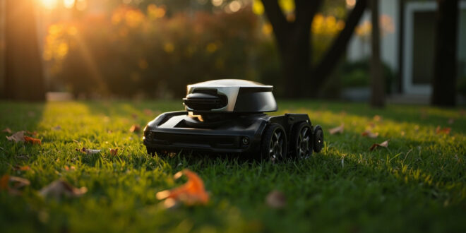 Black robotic lawn mower sits idle on green grass surrounded by autumn leaves in residential garden setting