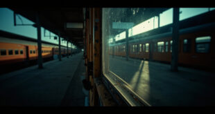 Weathered train window with peeling warning label on empty railway carriage, dramatic shadows across deserted platform.