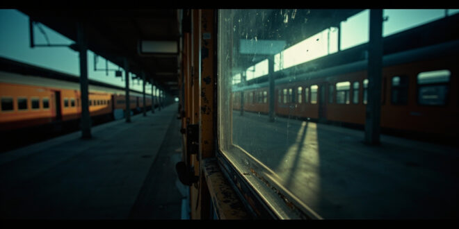 Weathered train window with peeling warning label on empty railway carriage, dramatic shadows across deserted platform.