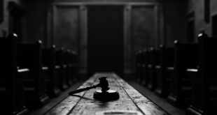 Iron gavel on wooden bench in empty courtroom with closed doors and stone walls