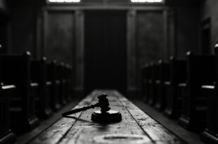 Iron gavel on wooden bench in empty courtroom with closed doors and stone walls