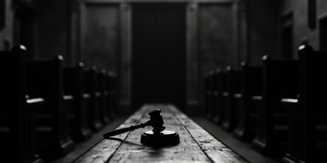 Iron gavel on wooden bench in empty courtroom with closed doors and stone walls