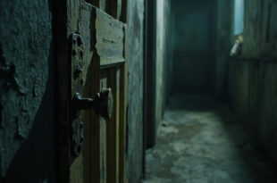 Weathered interior door slightly ajar in dark narrow hallway with peeling paint and old lock mechanism