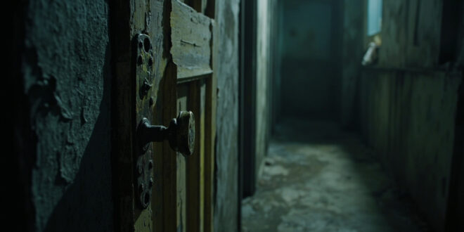 Weathered interior door slightly ajar in dark narrow hallway with peeling paint and old lock mechanism