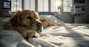 Golden retriever paw on white hospital bedding beside medical monitors and equipment in soft filtered light.