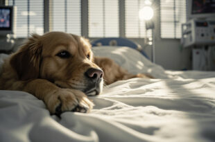 Golden retriever paw on white hospital bedding beside medical monitors and equipment in soft filtered light.