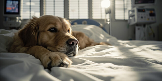 Golden retriever paw on white hospital bedding beside medical monitors and equipment in soft filtered light.