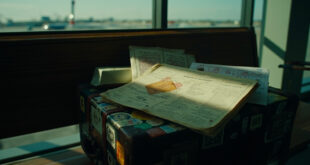 DNA test kits and worn documents on wooden surface with soft natural window light in airport terminal setting
