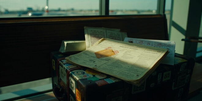 DNA test kits and worn documents on wooden surface with soft natural window light in airport terminal setting