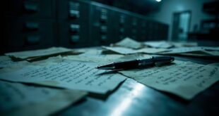 Worn ballpoint pen resting on crumpled papers on metal table in evidence room with filing cabinets in background