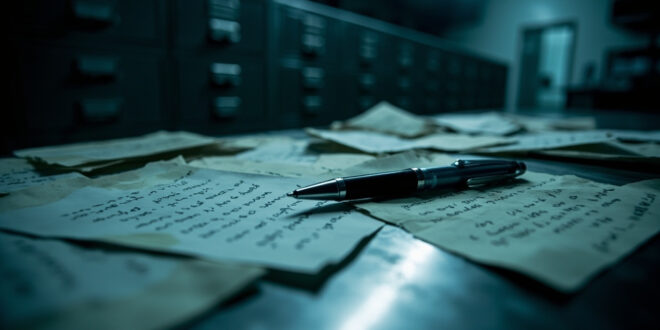 Worn ballpoint pen resting on crumpled papers on metal table in evidence room with filing cabinets in background