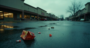 Empty suburban parking lot with scattered shopping bags and plastic bottle on wet asphalt near storefront