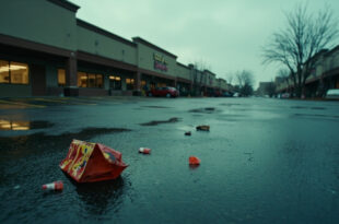 Empty suburban parking lot with scattered shopping bags and plastic bottle on wet asphalt near storefront