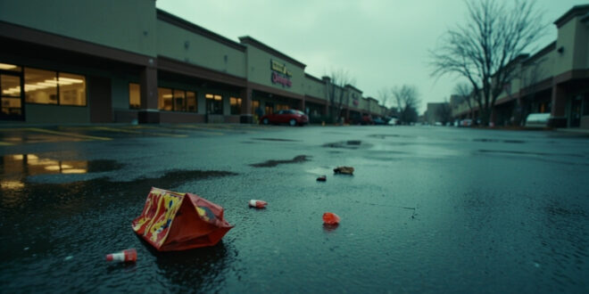 Empty suburban parking lot with scattered shopping bags and plastic bottle on wet asphalt near storefront
