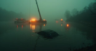 Emergency vehicles surrounding a dark pond with partially visible submerged car in misty morning conditions
