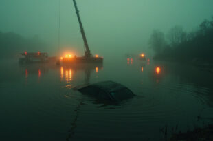 Emergency vehicles surrounding a dark pond with partially visible submerged car in misty morning conditions