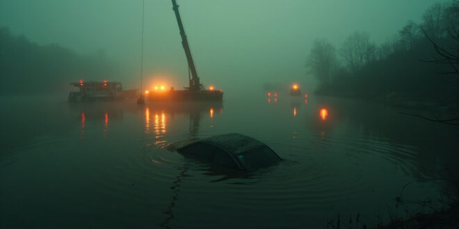 Emergency vehicles surrounding a dark pond with partially visible submerged car in misty morning conditions
