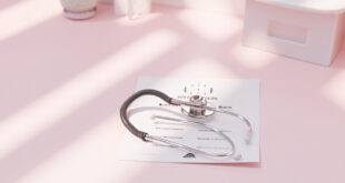 Stethoscope on medical documents with warning icons, surrounded by diagnostic equipment in clinical setting