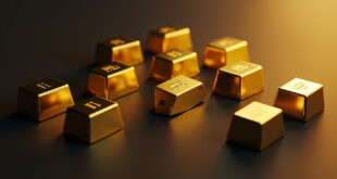 Polished gold bars stacked in geometric arrangement with dramatic lighting creating strong reflections on dark surface