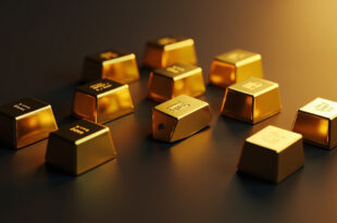 Polished gold bars stacked in geometric arrangement with dramatic lighting creating strong reflections on dark surface