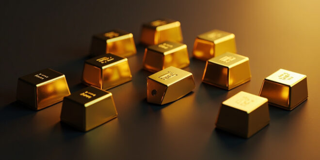 Polished gold bars stacked in geometric arrangement with dramatic lighting creating strong reflections on dark surface