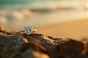 Diamond engagement ring with round-cut stone and diamond band resting on driftwood against ocean waves