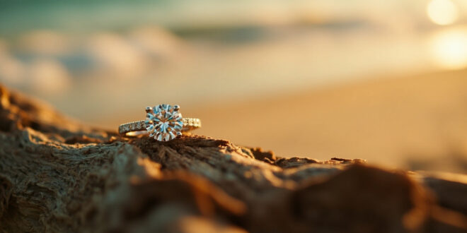 Diamond engagement ring with round-cut stone and diamond band resting on driftwood against ocean waves