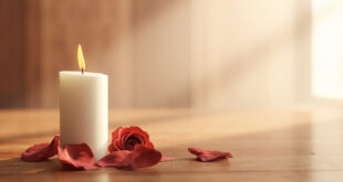 White candle flame glowing softly among scattered pink rose petals on weathered wood surface
