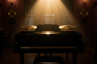 Grand piano with golden record awards on top in an elegant room with dark tones and soft lighting
