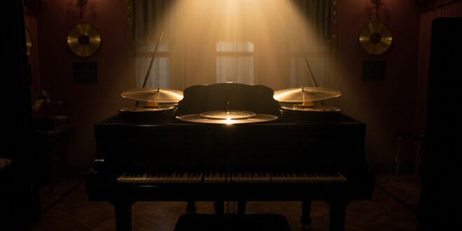 Grand piano with golden record awards on top in an elegant room with dark tones and soft lighting