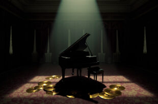 Grand piano with golden record awards in dimly lit elegant room with heavy curtains and vintage decor