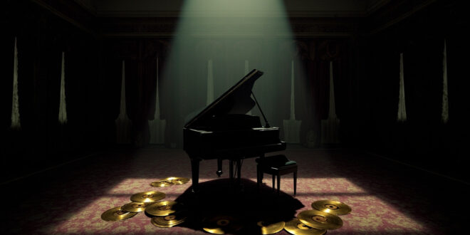 Grand piano with golden record awards in dimly lit elegant room with heavy curtains and vintage decor